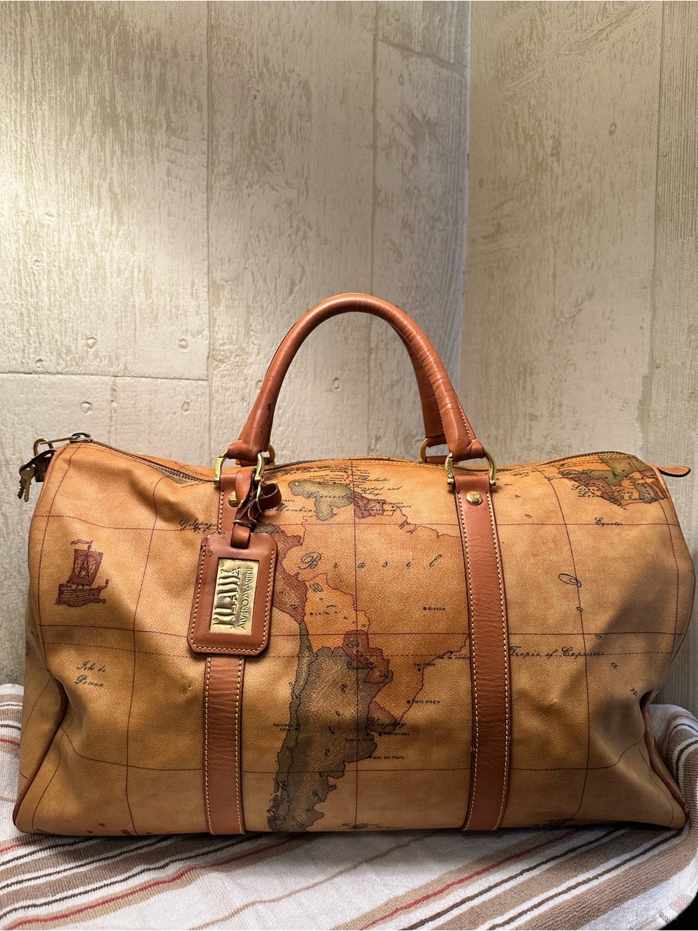 Alviero Martini Brown Geo-Print Leather Travel Weekender
